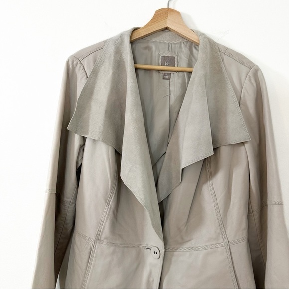 J.Jill Gray Leather Draped Waterfall Jacket Womens Large Petite - Picture 2 of 5